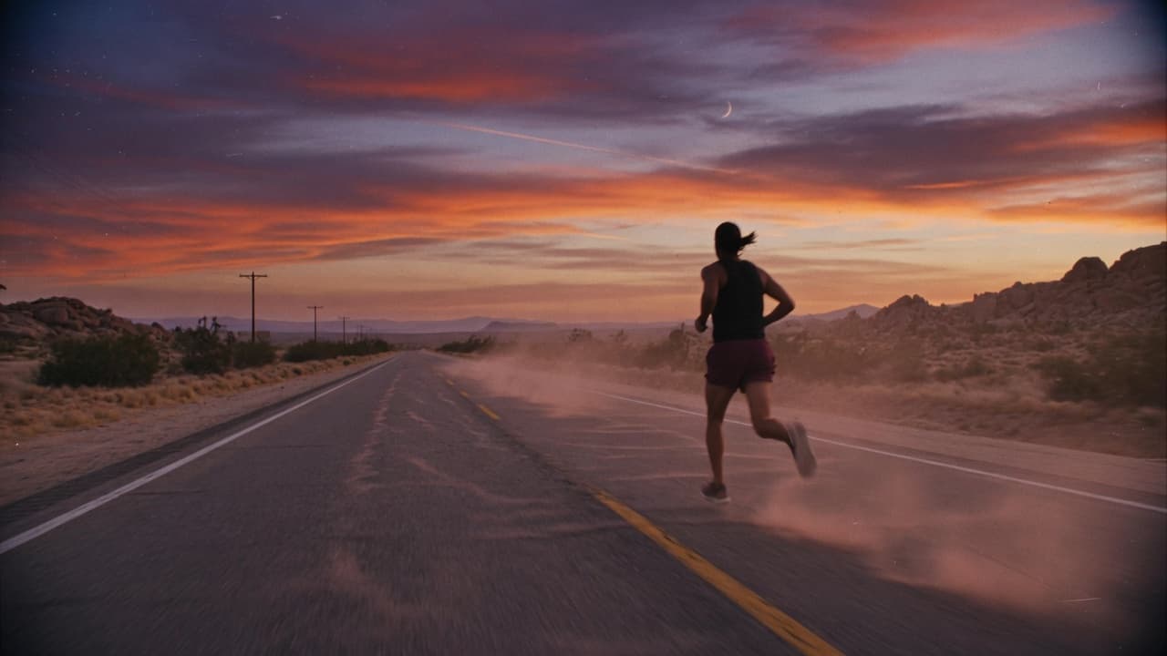 Runner on desert highway cinematic video frame