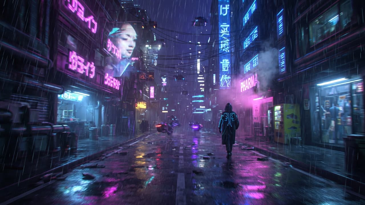 Neon music video style frame