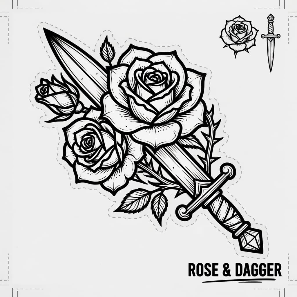 Rose and dagger tattoo design