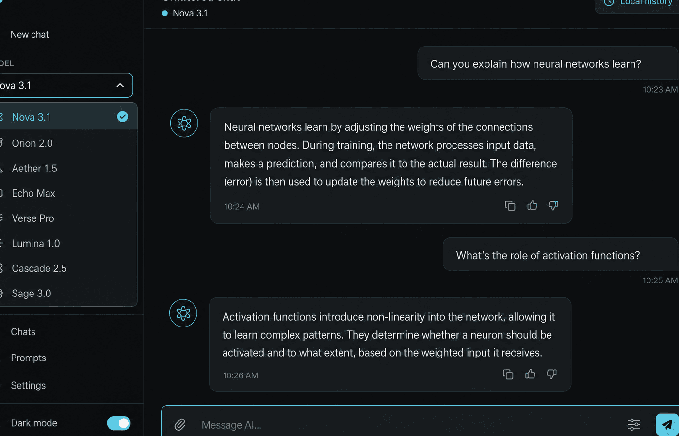 Uncensored ChatGPT alternative workflow with model picker and unfiltered chat on Icelake AI